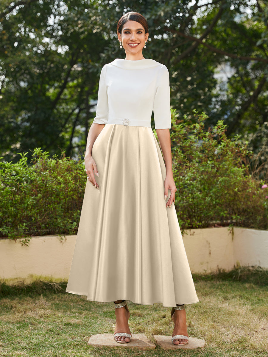 Vestidos Longos de Noite com Mangas Meio Comprimento e Gola Alta Bordados com Strass em Estilo A-Line/Princesa