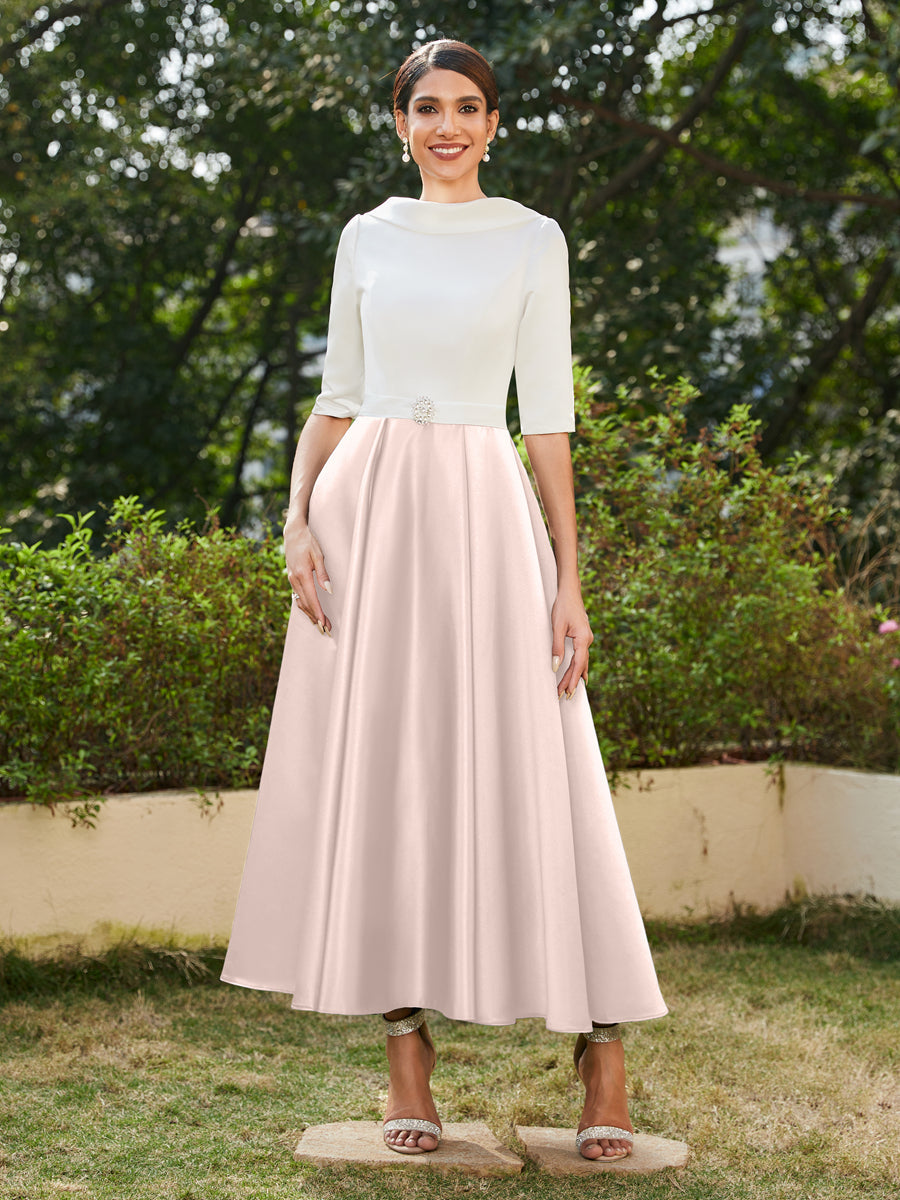 Vestidos Longos de Noite com Mangas Meio Comprimento e Gola Alta Bordados com Strass em Estilo A-Line/Princesa