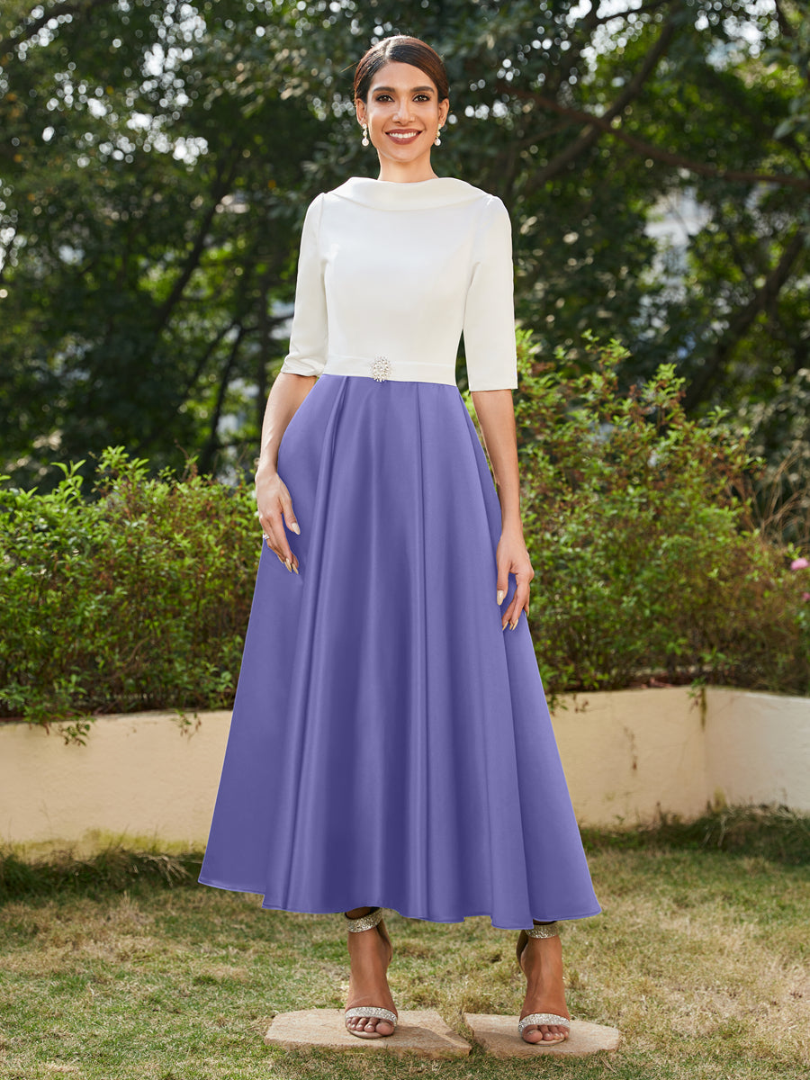 Vestidos Longos de Noite com Mangas Meio Comprimento e Gola Alta Bordados com Strass em Estilo A-Line/Princesa