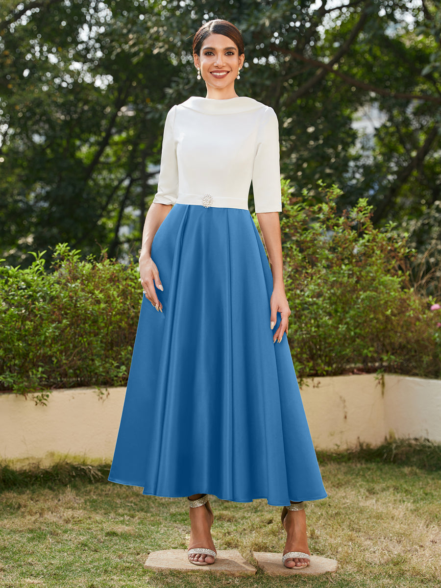 Vestidos Longos de Noite com Mangas Meio Comprimento e Gola Alta Bordados com Strass em Estilo A-Line/Princesa