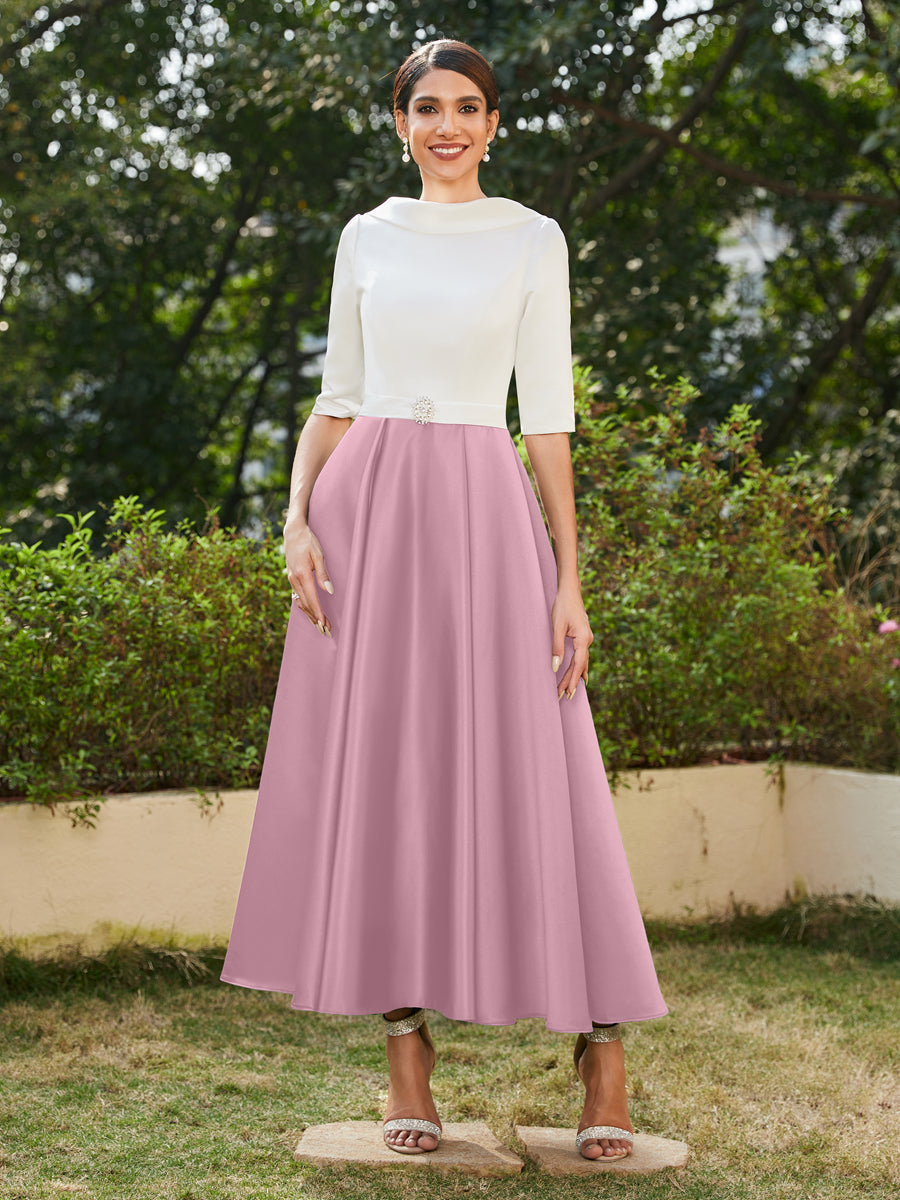 Vestidos Longos de Noite com Mangas Meio Comprimento e Gola Alta Bordados com Strass em Estilo A-Line/Princesa