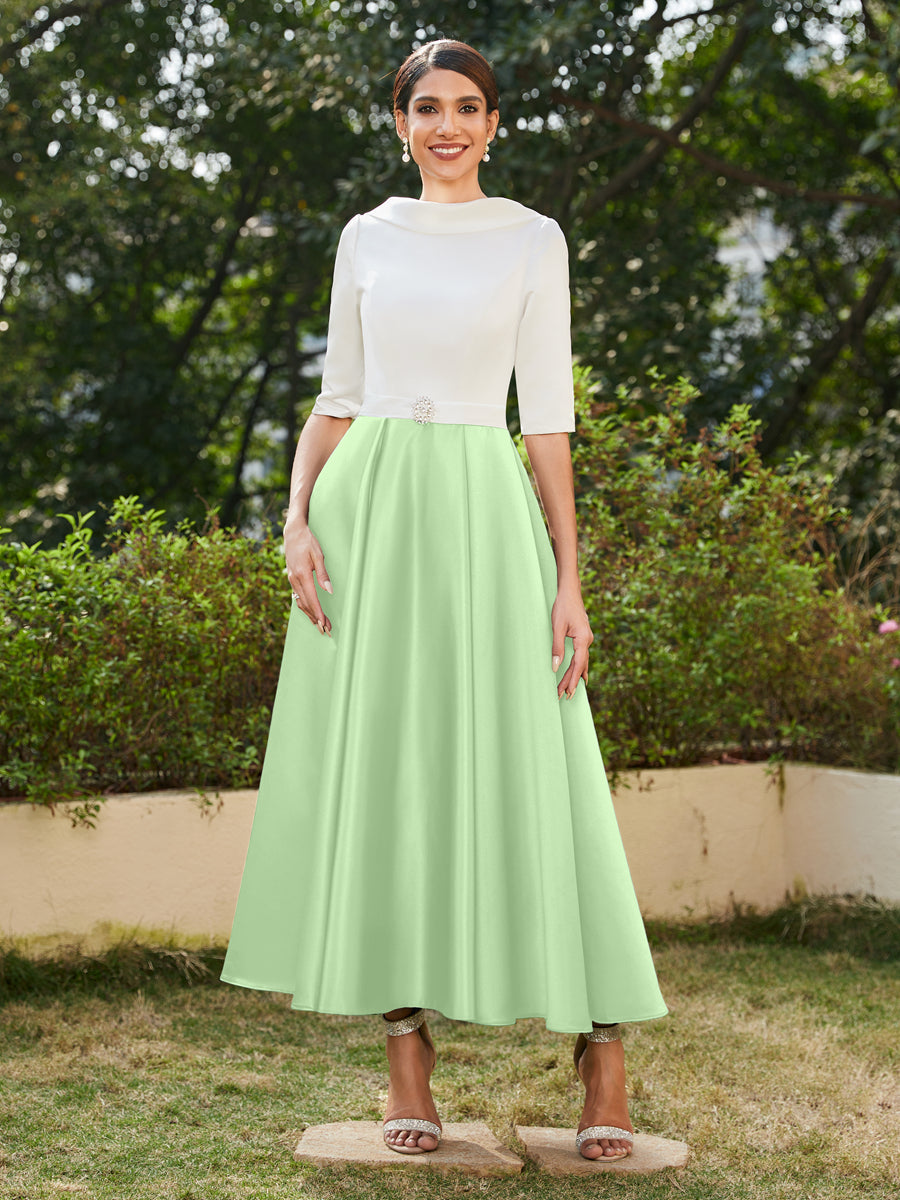 Vestidos Longos de Noite com Mangas Meio Comprimento e Gola Alta Bordados com Strass em Estilo A-Line/Princesa