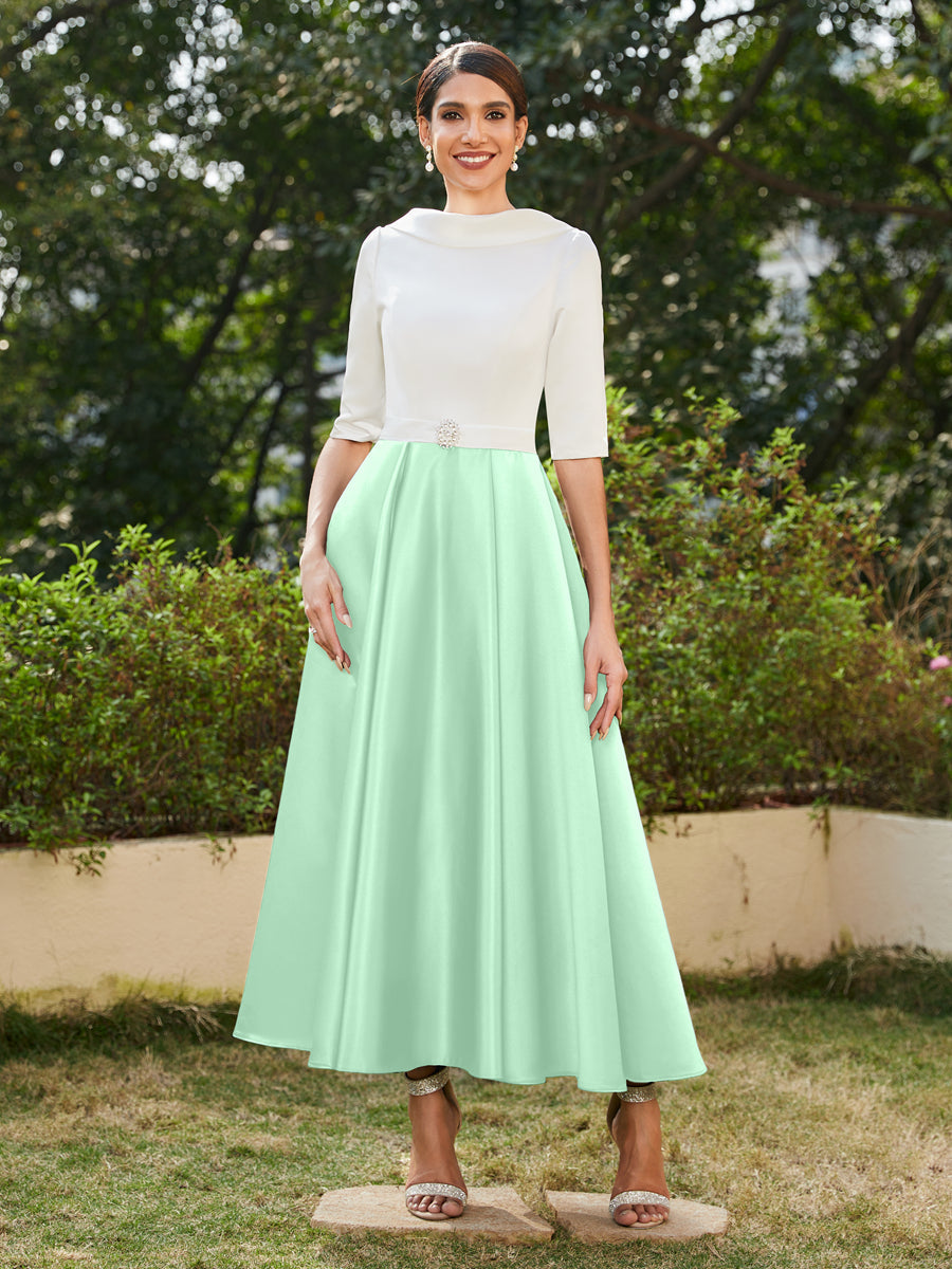 Vestidos Longos de Noite com Mangas Meio Comprimento e Gola Alta Bordados com Strass em Estilo A-Line/Princesa