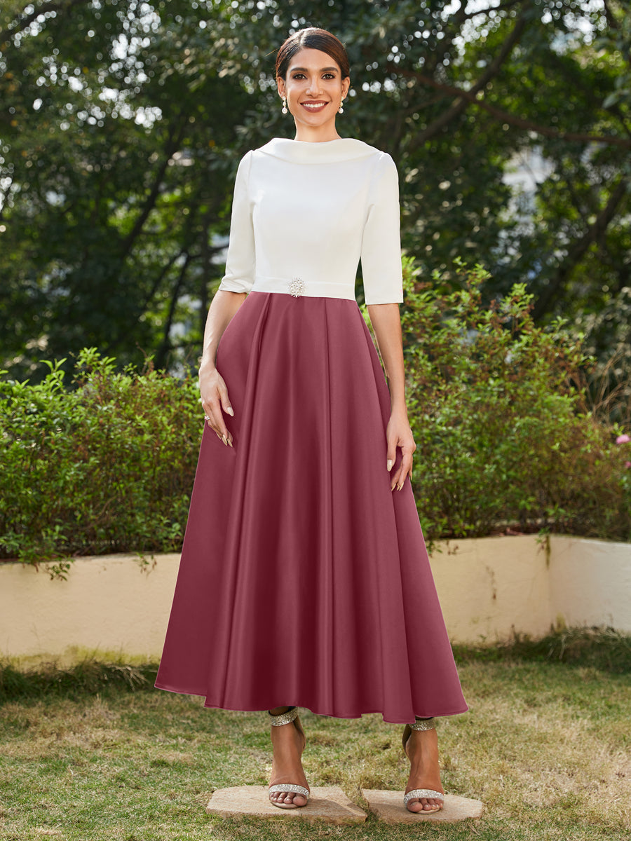 Vestidos Longos de Noite com Mangas Meio Comprimento e Gola Alta Bordados com Strass em Estilo A-Line/Princesa