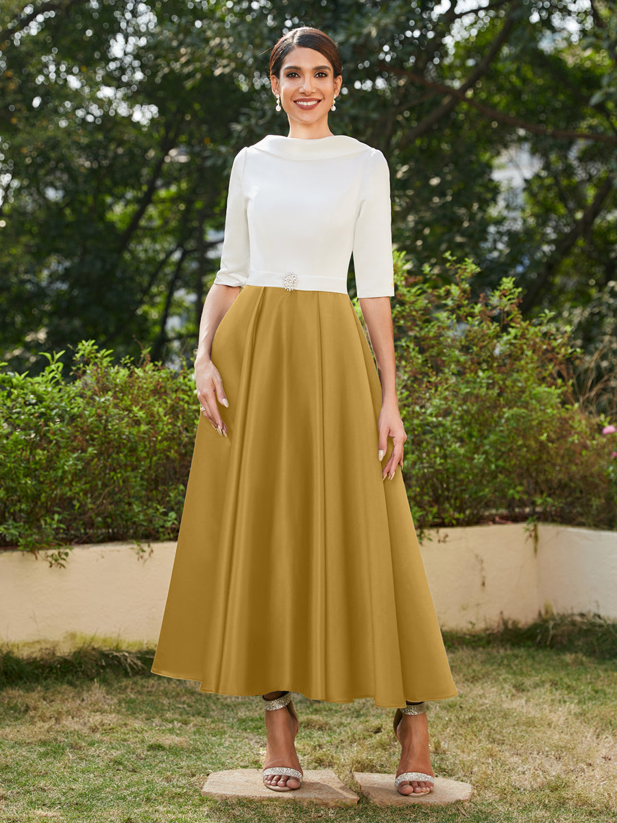 Vestidos Longos de Noite com Mangas Meio Comprimento e Gola Alta Bordados com Strass em Estilo A-Line/Princesa