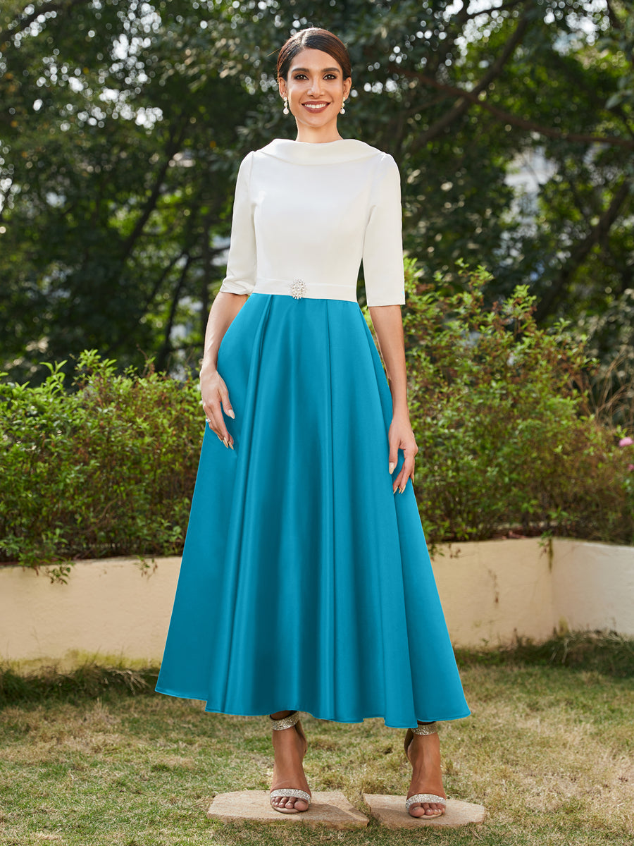 Vestidos Longos de Noite com Mangas Meio Comprimento e Gola Alta Bordados com Strass em Estilo A-Line/Princesa