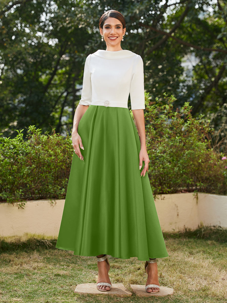 Vestidos Longos de Noite com Mangas Meio Comprimento e Gola Alta Bordados com Strass em Estilo A-Line/Princesa