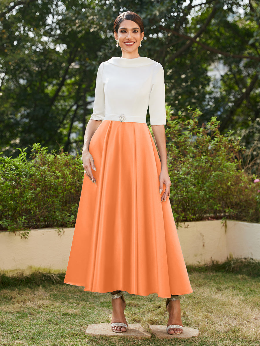 Vestidos Longos de Noite com Mangas Meio Comprimento e Gola Alta Bordados com Strass em Estilo A-Line/Princesa