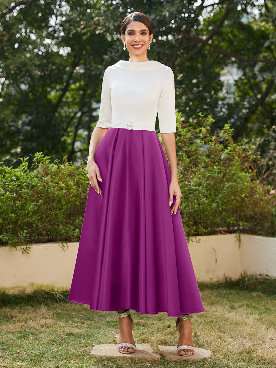 Vestidos Longos de Noite com Mangas Meio Comprimento e Gola Alta Bordados com Strass em Estilo A-Line/Princesa