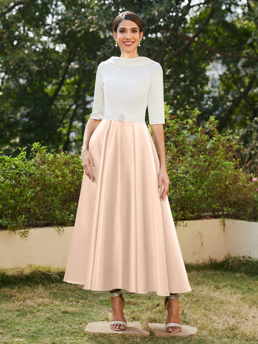 Vestidos Longos de Noite com Mangas Meio Comprimento e Gola Alta Bordados com Strass em Estilo A-Line/Princesa
