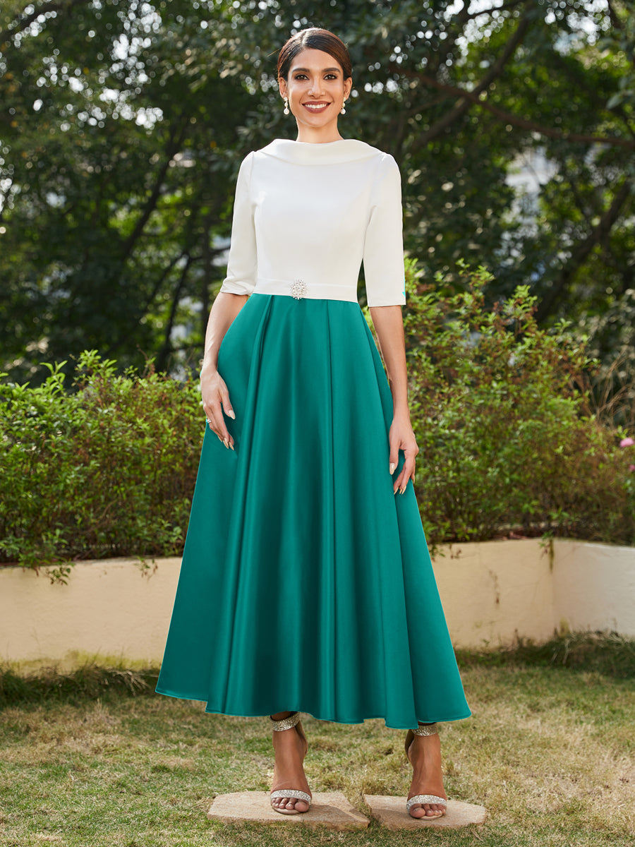 Vestidos Longos de Noite com Mangas Meio Comprimento e Gola Alta Bordados com Strass em Estilo A-Line/Princesa