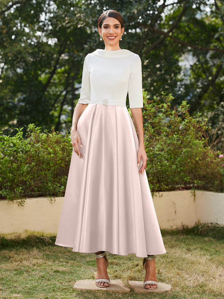 Vestidos Longos de Noite com Mangas Meio Comprimento e Gola Alta Bordados com Strass em Estilo A-Line/Princesa