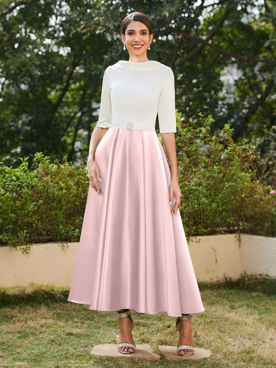 Vestidos Longos de Noite com Mangas Meio Comprimento e Gola Alta Bordados com Strass em Estilo A-Line/Princesa