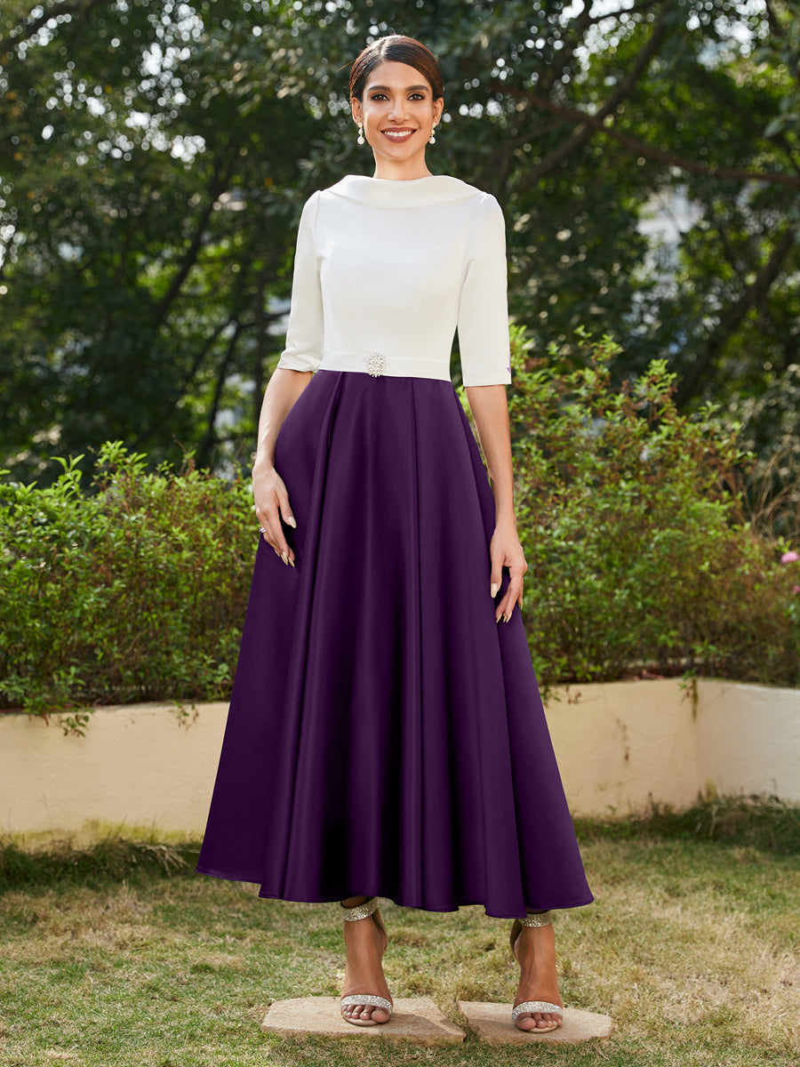 Vestidos Longos de Noite com Mangas Meio Comprimento e Gola Alta Bordados com Strass em Estilo A-Line/Princesa