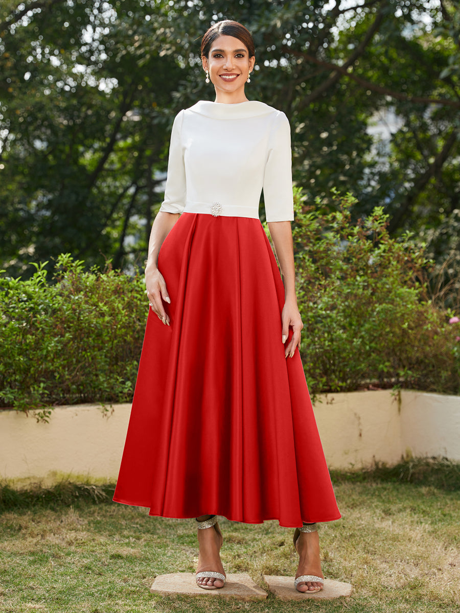 Vestidos Longos de Noite com Mangas Meio Comprimento e Gola Alta Bordados com Strass em Estilo A-Line/Princesa