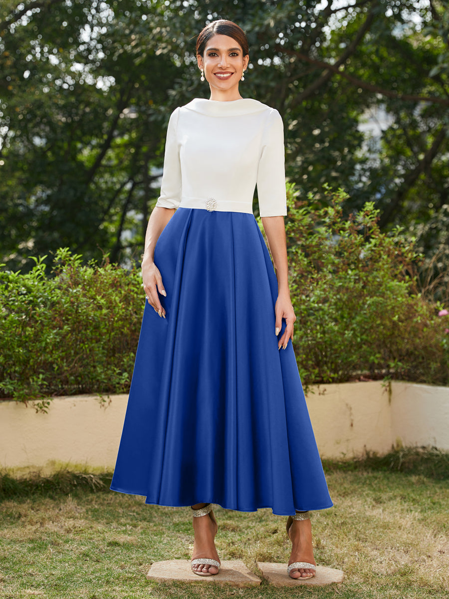 Vestidos Longos de Noite com Mangas Meio Comprimento e Gola Alta Bordados com Strass em Estilo A-Line/Princesa