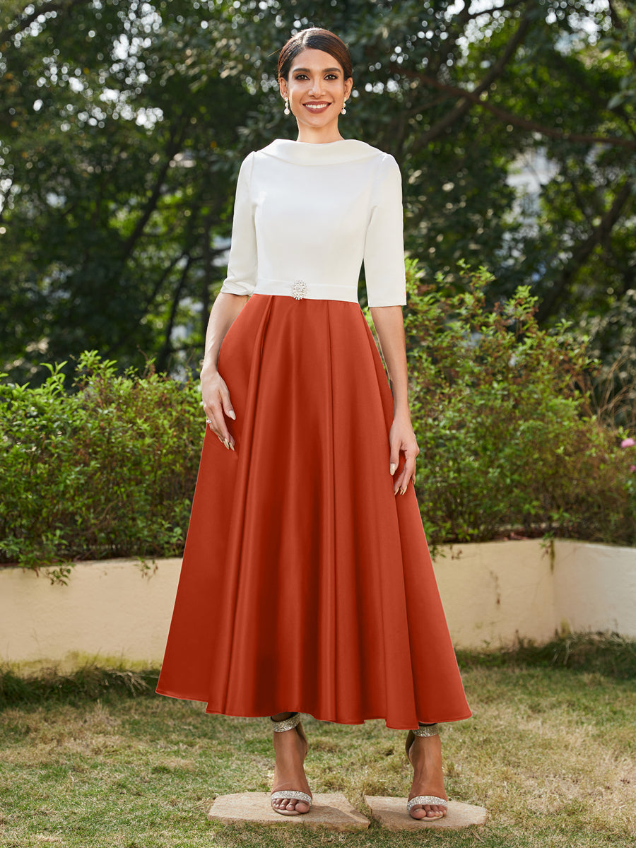 Vestidos Longos de Noite com Mangas Meio Comprimento e Gola Alta Bordados com Strass em Estilo A-Line/Princesa