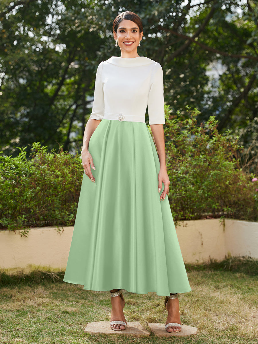 Vestidos Longos de Noite com Mangas Meio Comprimento e Gola Alta Bordados com Strass em Estilo A-Line/Princesa
