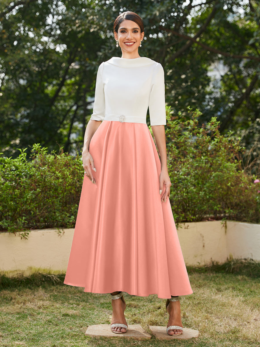 Vestidos Longos de Noite com Mangas Meio Comprimento e Gola Alta Bordados com Strass em Estilo A-Line/Princesa