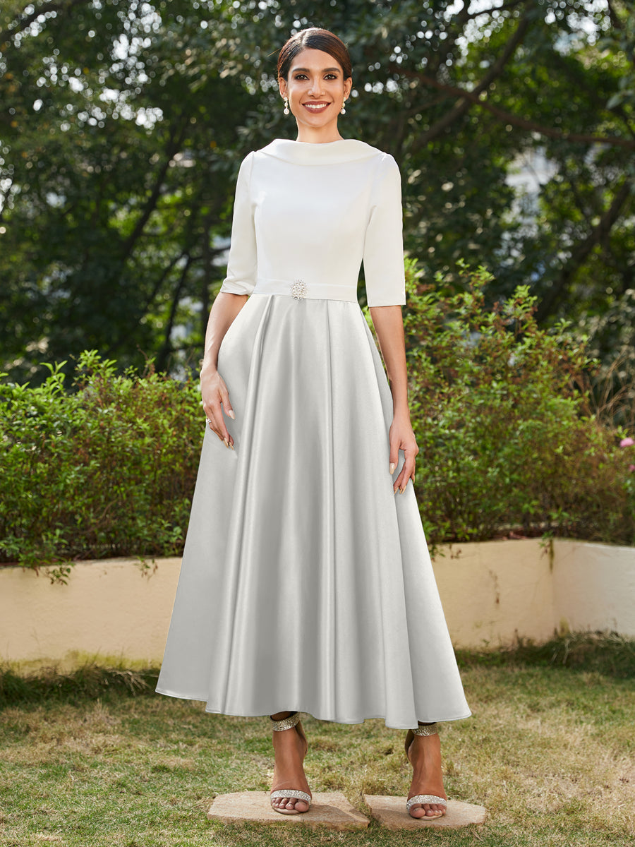 Vestidos Longos de Noite com Mangas Meio Comprimento e Gola Alta Bordados com Strass em Estilo A-Line/Princesa