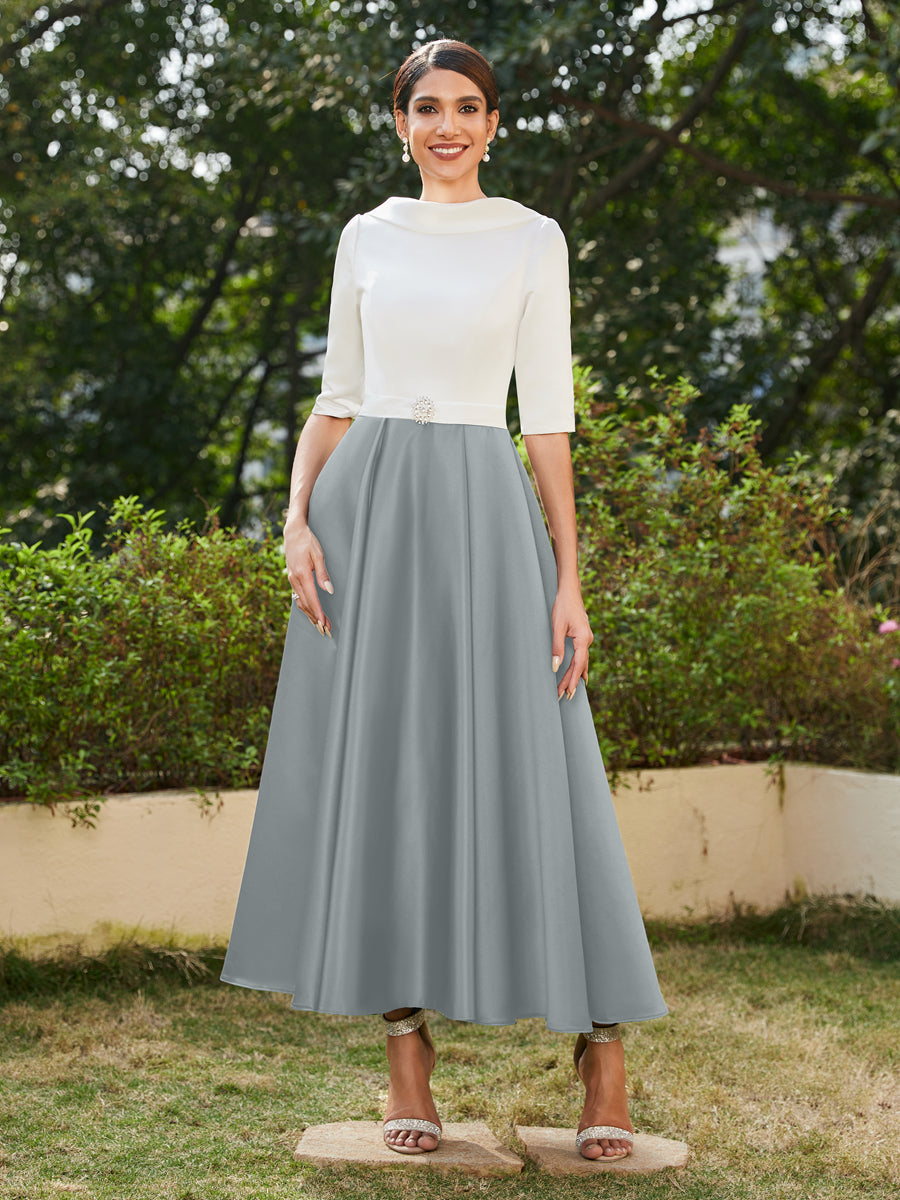 Vestidos Longos de Noite com Mangas Meio Comprimento e Gola Alta Bordados com Strass em Estilo A-Line/Princesa