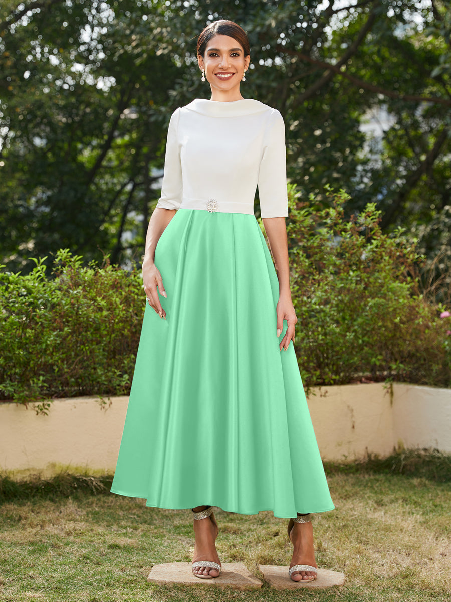 Vestidos Longos de Noite com Mangas Meio Comprimento e Gola Alta Bordados com Strass em Estilo A-Line/Princesa