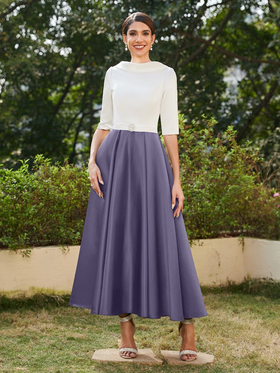 Vestidos Longos de Noite com Mangas Meio Comprimento e Gola Alta Bordados com Strass em Estilo A-Line/Princesa