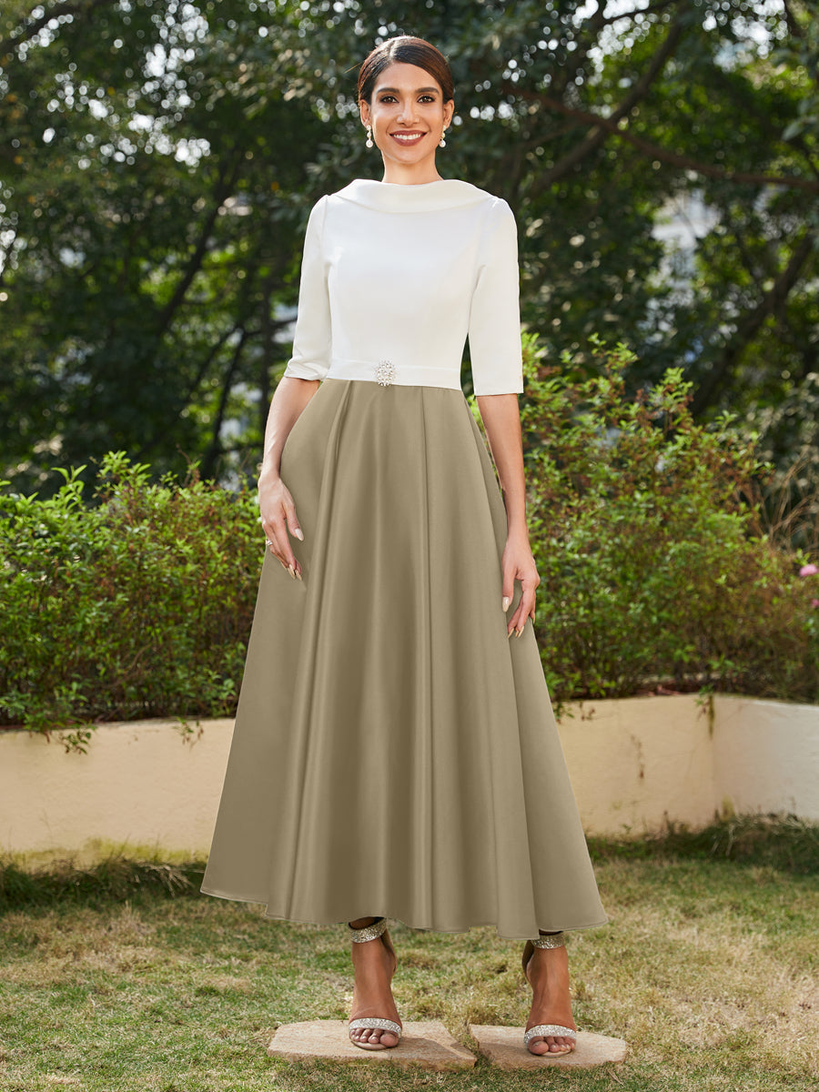 Vestidos Longos de Noite com Mangas Meio Comprimento e Gola Alta Bordados com Strass em Estilo A-Line/Princesa