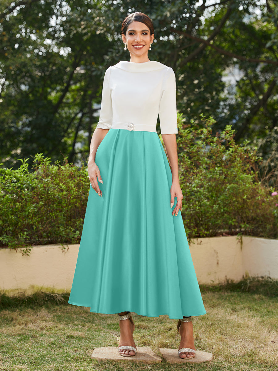 Vestidos Longos de Noite com Mangas Meio Comprimento e Gola Alta Bordados com Strass em Estilo A-Line/Princesa