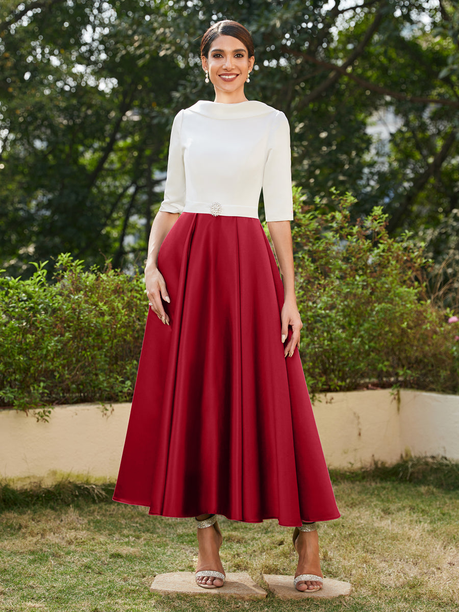Vestidos Longos de Noite com Mangas Meio Comprimento e Gola Alta Bordados com Strass em Estilo A-Line/Princesa