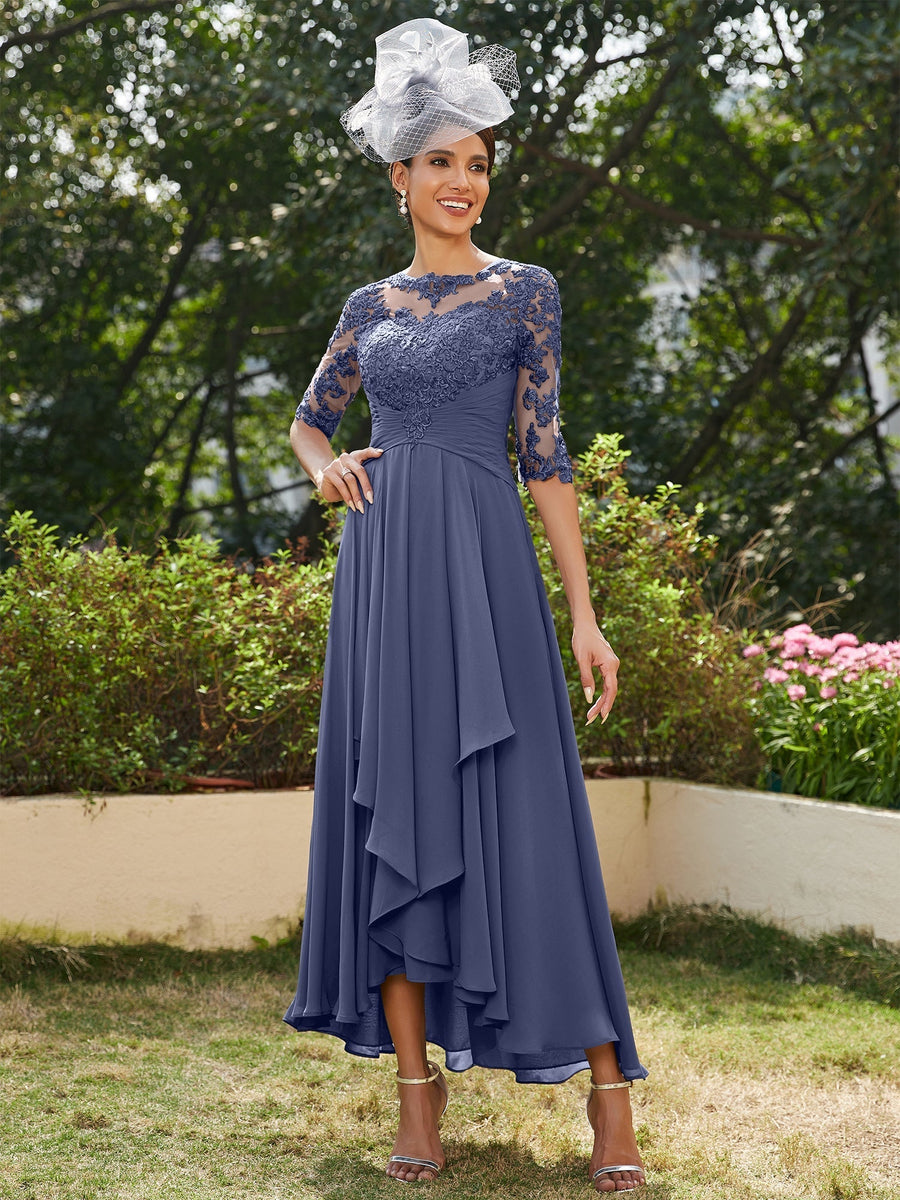 Vestidos Longos de Noite com Mangas Meio Comprimento e Gola Transparente Bordados em Estilo A-Line/Princesa