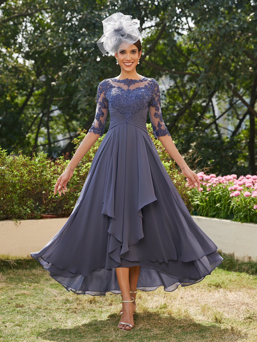 Vestidos Longos de Noite com Mangas Meio Comprimento e Gola Transparente Bordados em Estilo A-Line/Princesa