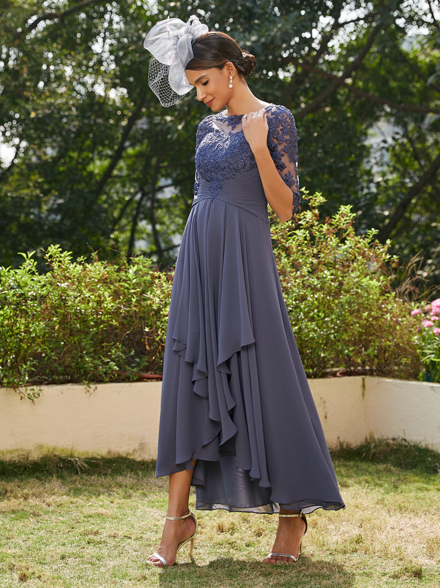 Vestidos Longos de Noite com Mangas Meio Comprimento e Gola Transparente Bordados em Estilo A-Line/Princesa