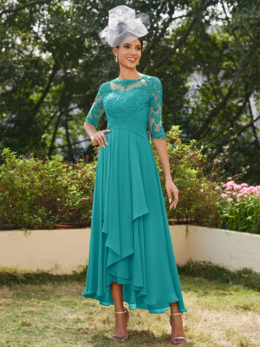 Vestidos Longos de Noite com Mangas Meio Comprimento e Gola Transparente Bordados em Estilo A-Line/Princesa