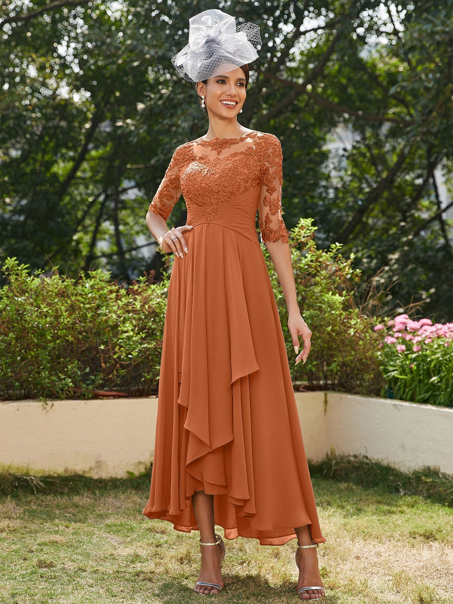 Vestidos Longos de Noite com Mangas Meio Comprimento e Gola Transparente Bordados em Estilo A-Line/Princesa