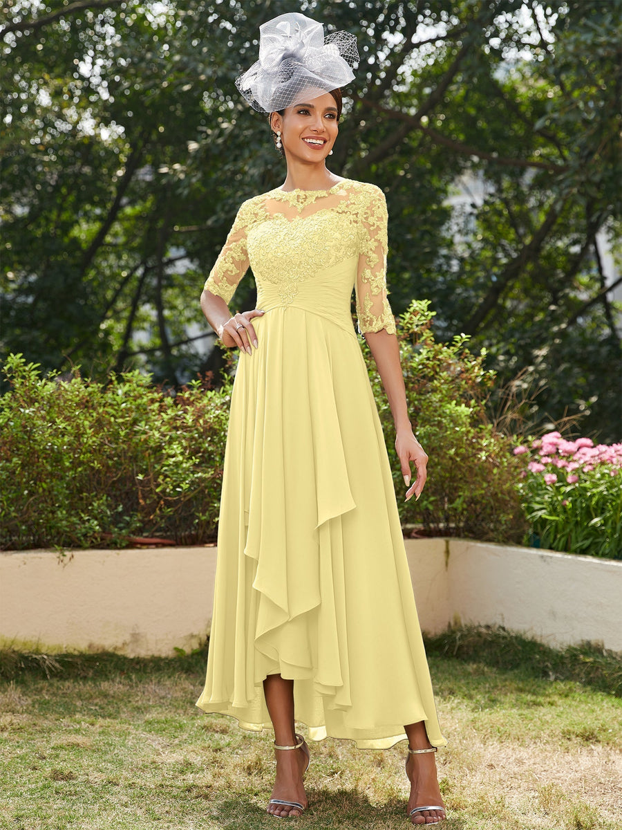 Vestidos Longos de Noite com Mangas Meio Comprimento e Gola Transparente Bordados em Estilo A-Line/Princesa