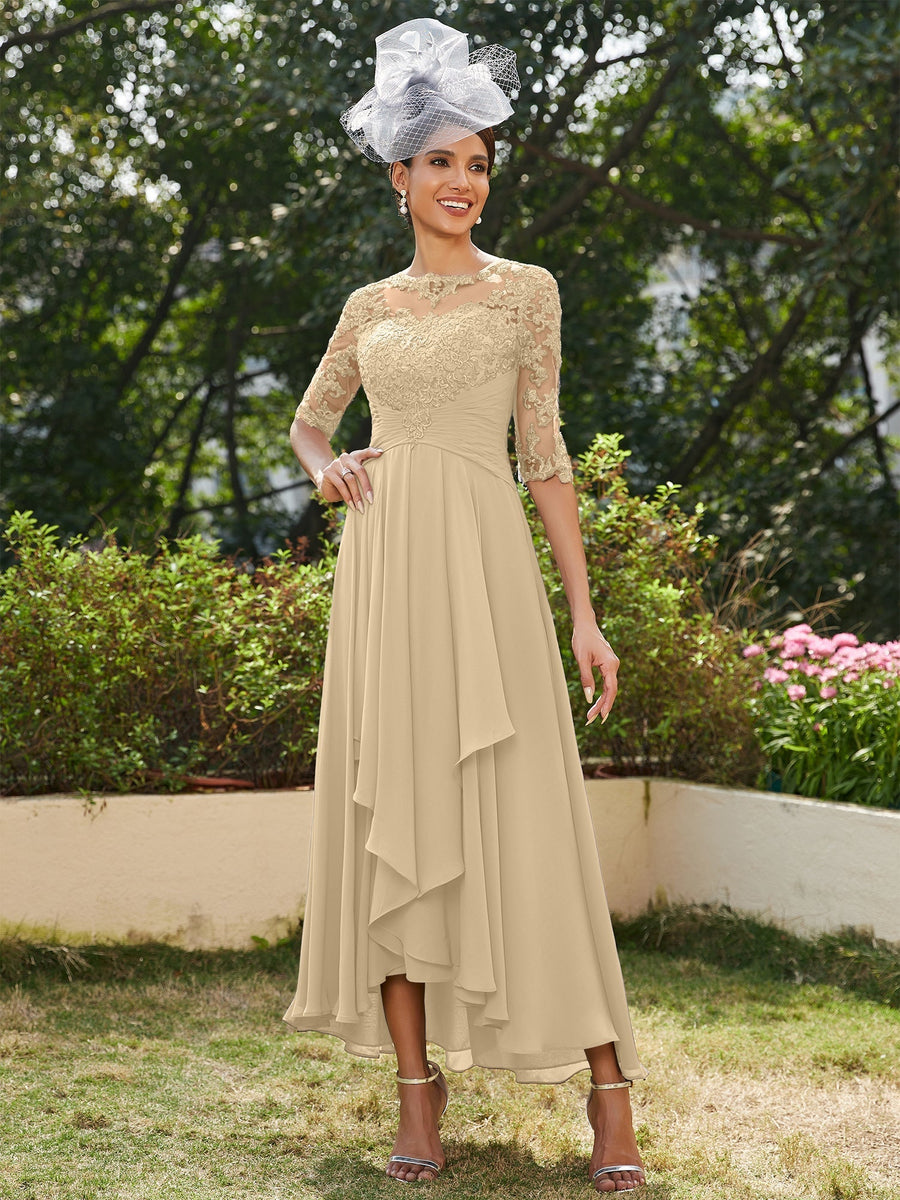 Vestidos Longos de Noite com Mangas Meio Comprimento e Gola Transparente Bordados em Estilo A-Line/Princesa