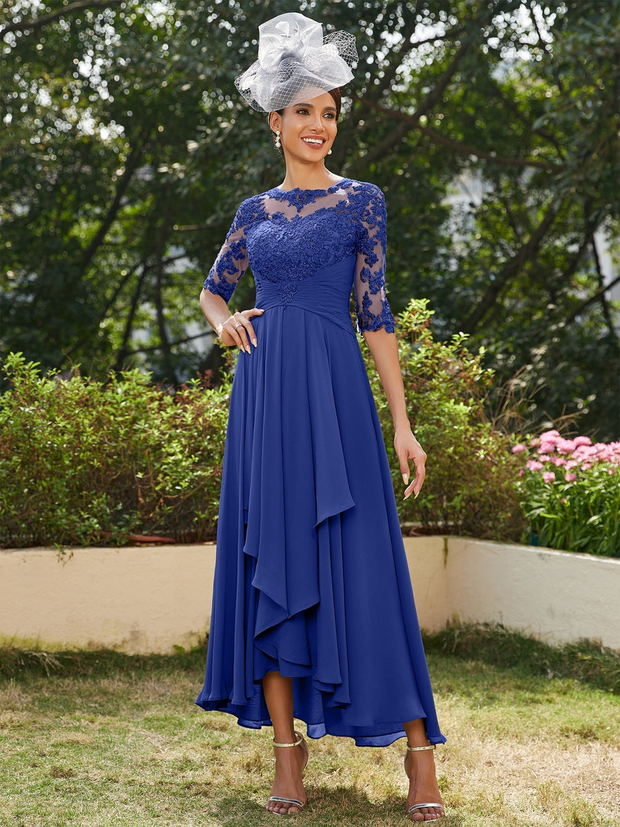 Vestidos Longos de Noite com Mangas Meio Comprimento e Gola Transparente Bordados em Estilo A-Line/Princesa
