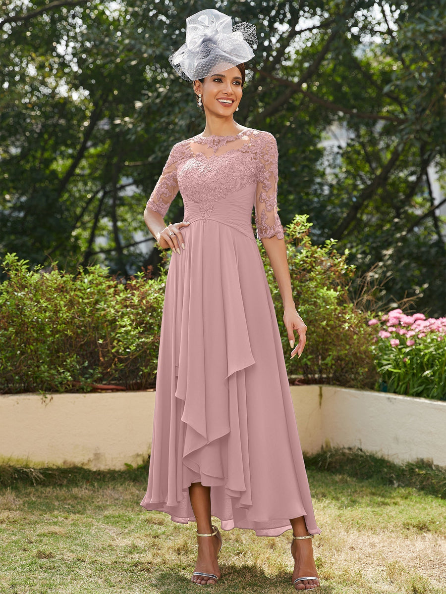 Vestidos Longos de Noite com Mangas Meio Comprimento e Gola Transparente Bordados em Estilo A-Line/Princesa