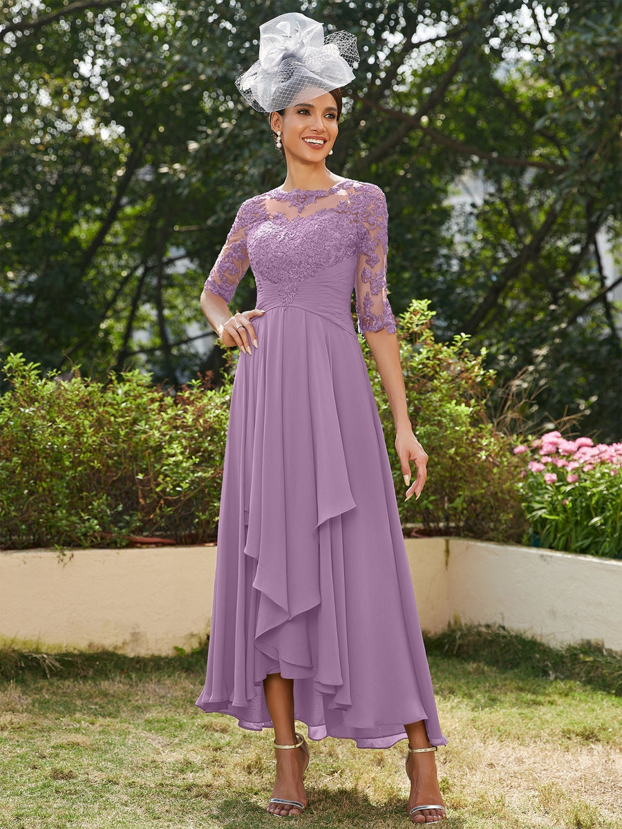 Vestidos Longos de Noite com Mangas Meio Comprimento e Gola Transparente Bordados em Estilo A-Line/Princesa