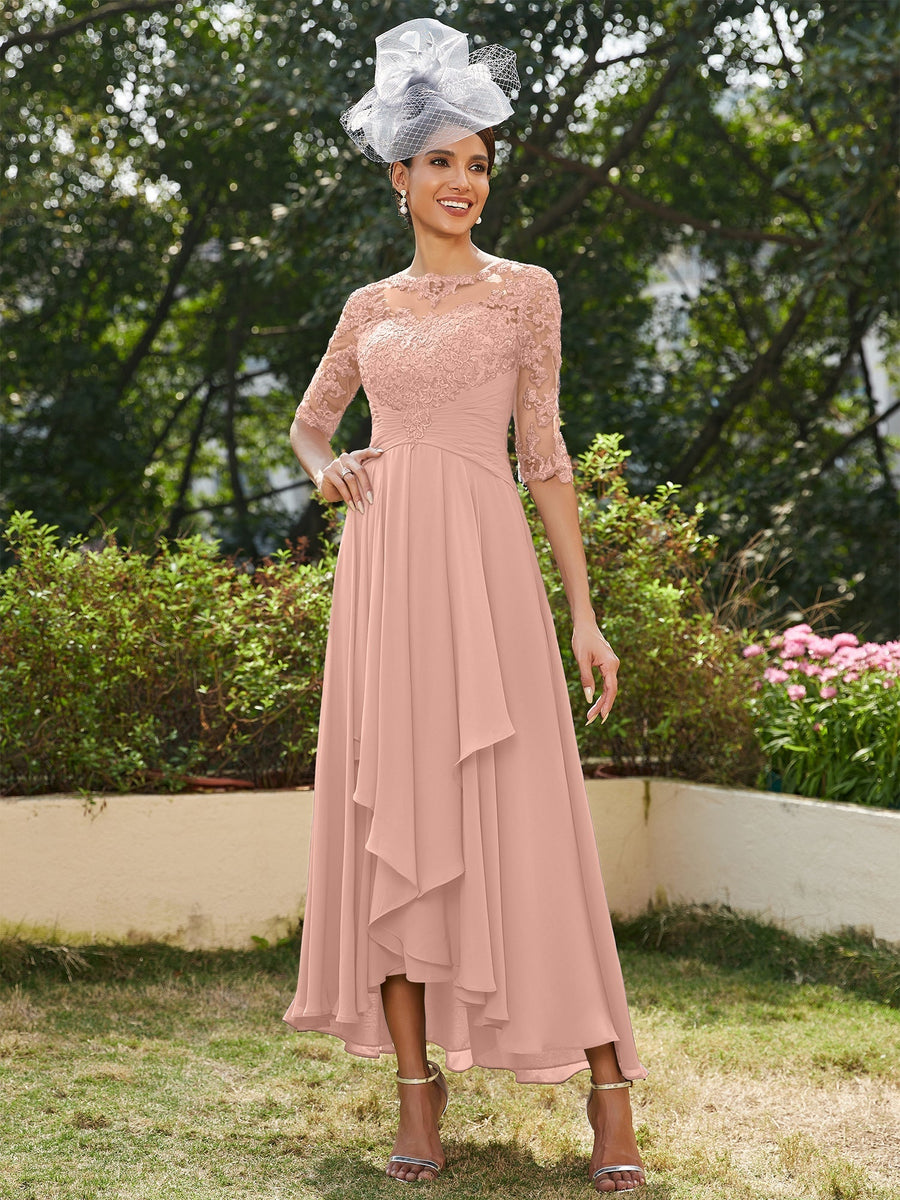Vestidos Longos de Noite com Mangas Meio Comprimento e Gola Transparente Bordados em Estilo A-Line/Princesa