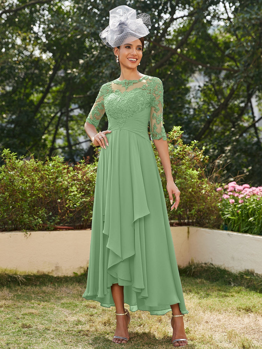 Vestidos Longos de Noite com Mangas Meio Comprimento e Gola Transparente Bordados em Estilo A-Line/Princesa