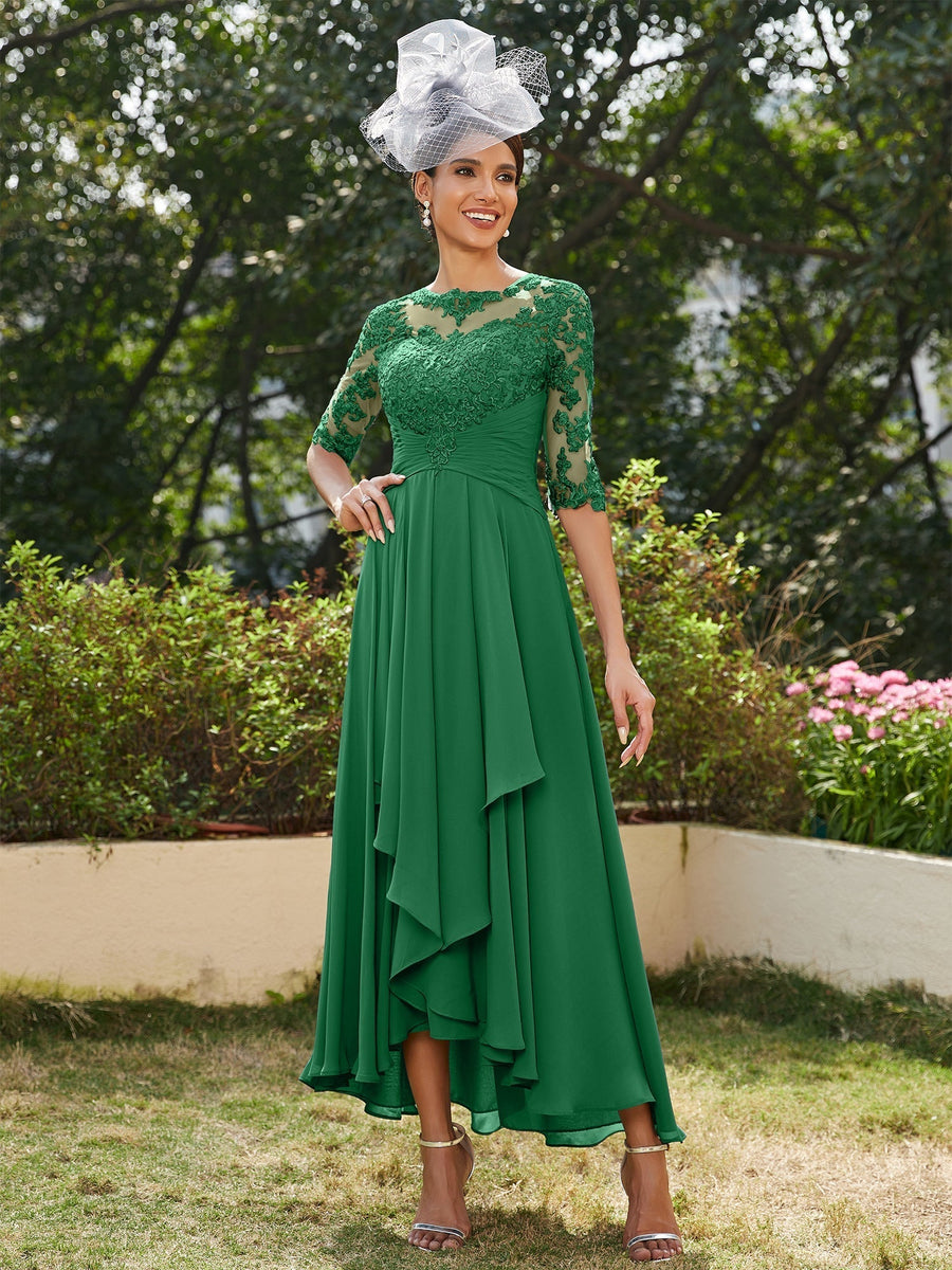 Vestidos Longos de Noite com Mangas Meio Comprimento e Gola Transparente Bordados em Estilo A-Line/Princesa