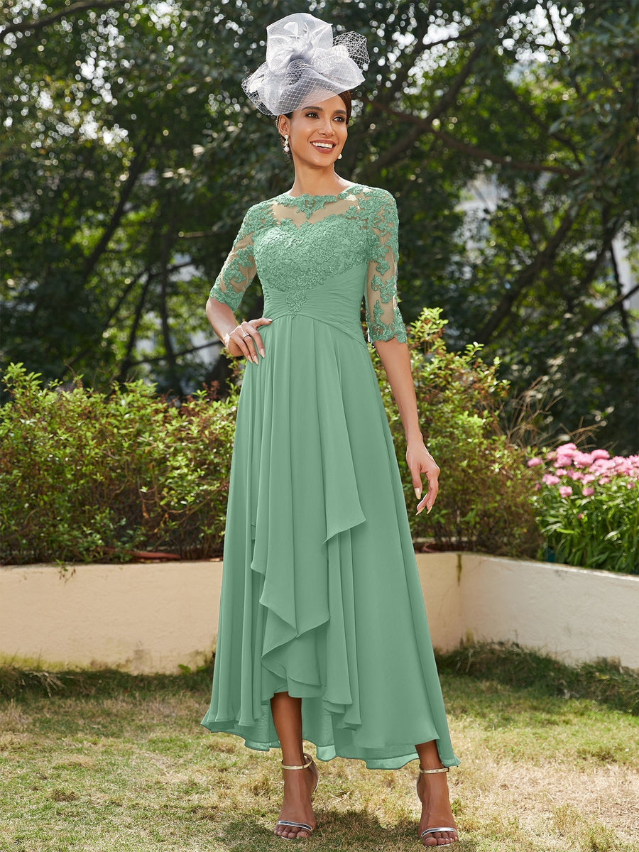 Vestidos Longos de Noite com Mangas Meio Comprimento e Gola Transparente Bordados em Estilo A-Line/Princesa
