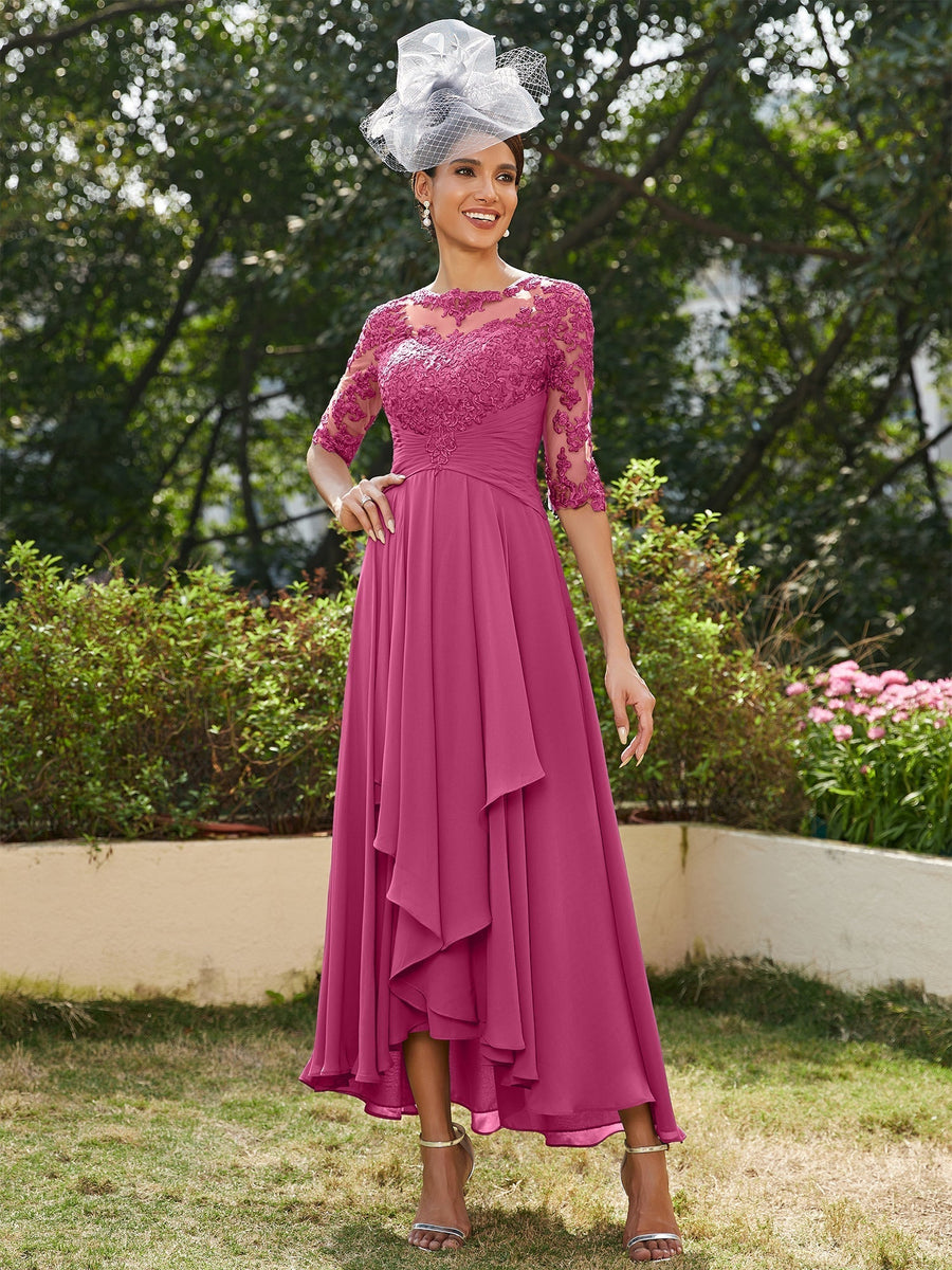 Vestidos Longos de Noite com Mangas Meio Comprimento e Gola Transparente Bordados em Estilo A-Line/Princesa