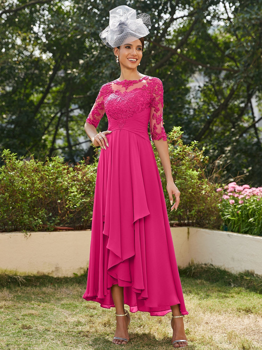 Vestidos Longos de Noite com Mangas Meio Comprimento e Gola Transparente Bordados em Estilo A-Line/Princesa