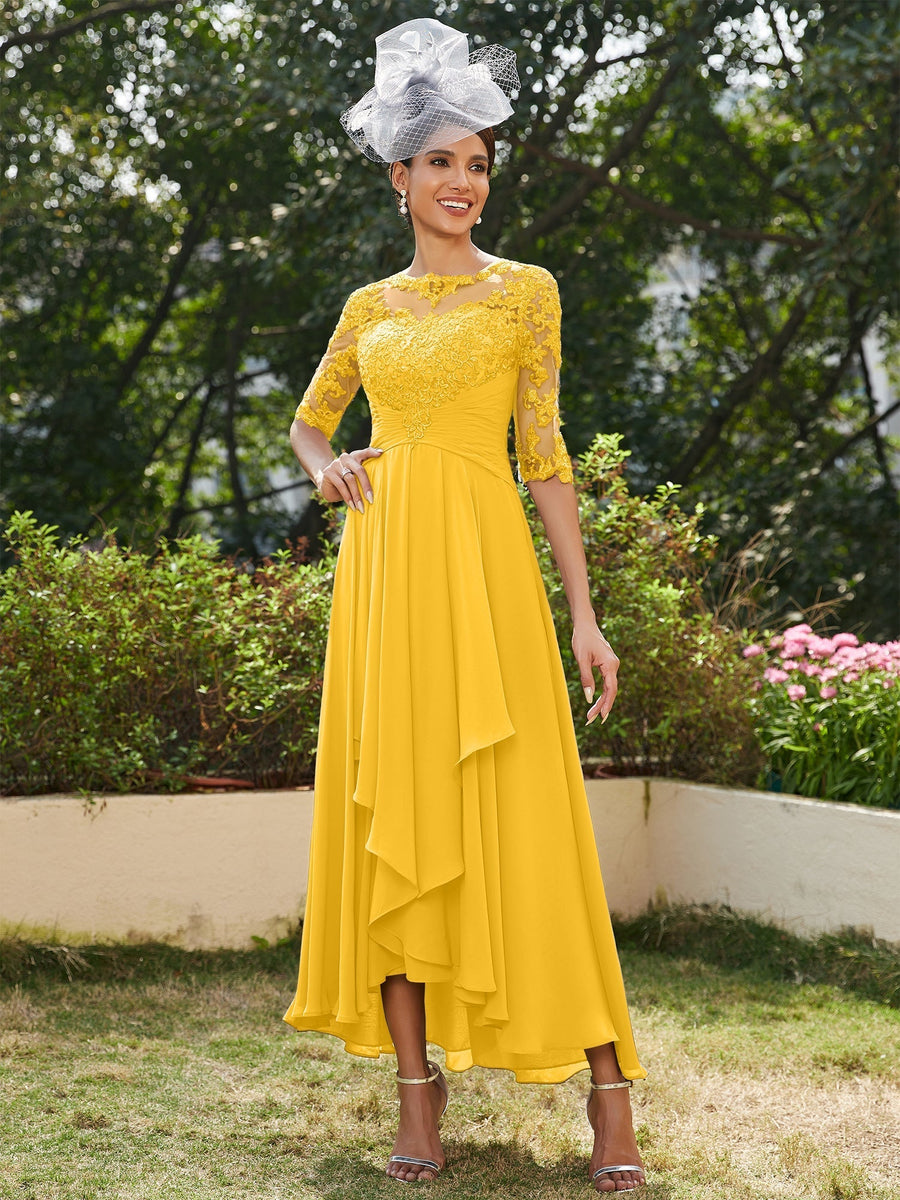 Vestidos Longos de Noite com Mangas Meio Comprimento e Gola Transparente Bordados em Estilo A-Line/Princesa