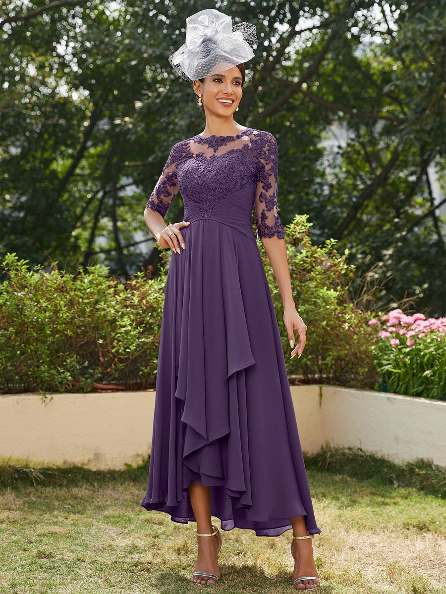Vestidos Longos de Noite com Mangas Meio Comprimento e Gola Transparente Bordados em Estilo A-Line/Princesa