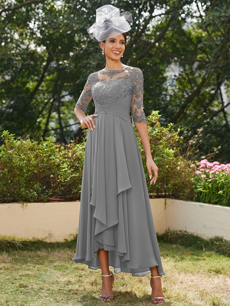 Vestidos Longos de Noite com Mangas Meio Comprimento e Gola Transparente Bordados em Estilo A-Line/Princesa