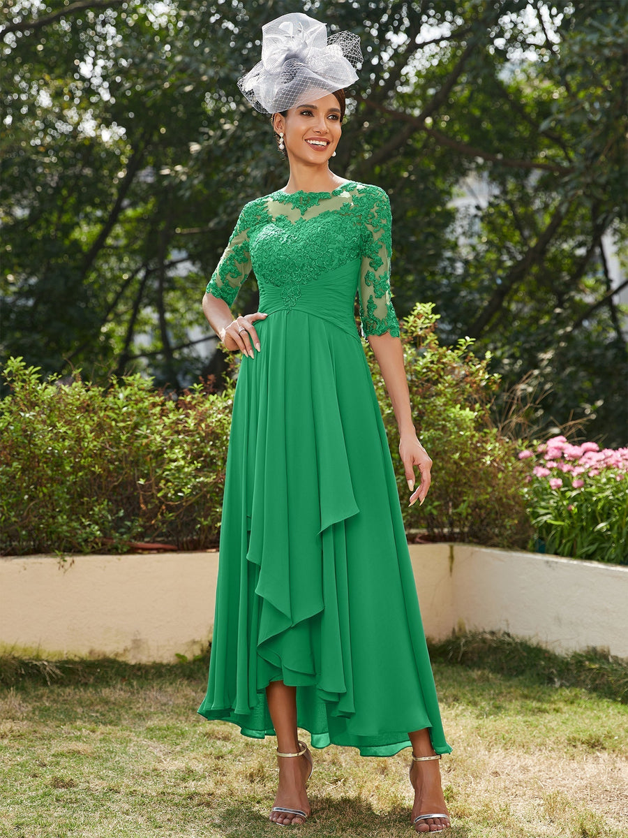 Vestidos Longos de Noite com Mangas Meio Comprimento e Gola Transparente Bordados em Estilo A-Line/Princesa